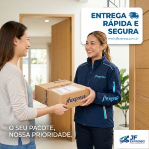Motoboys da JF Express uniformizados com baús vermelhos personalizados, posicionados para logística de entregas rápidas e coletas em toda a região do Rio de Janeiro e Grande Rio