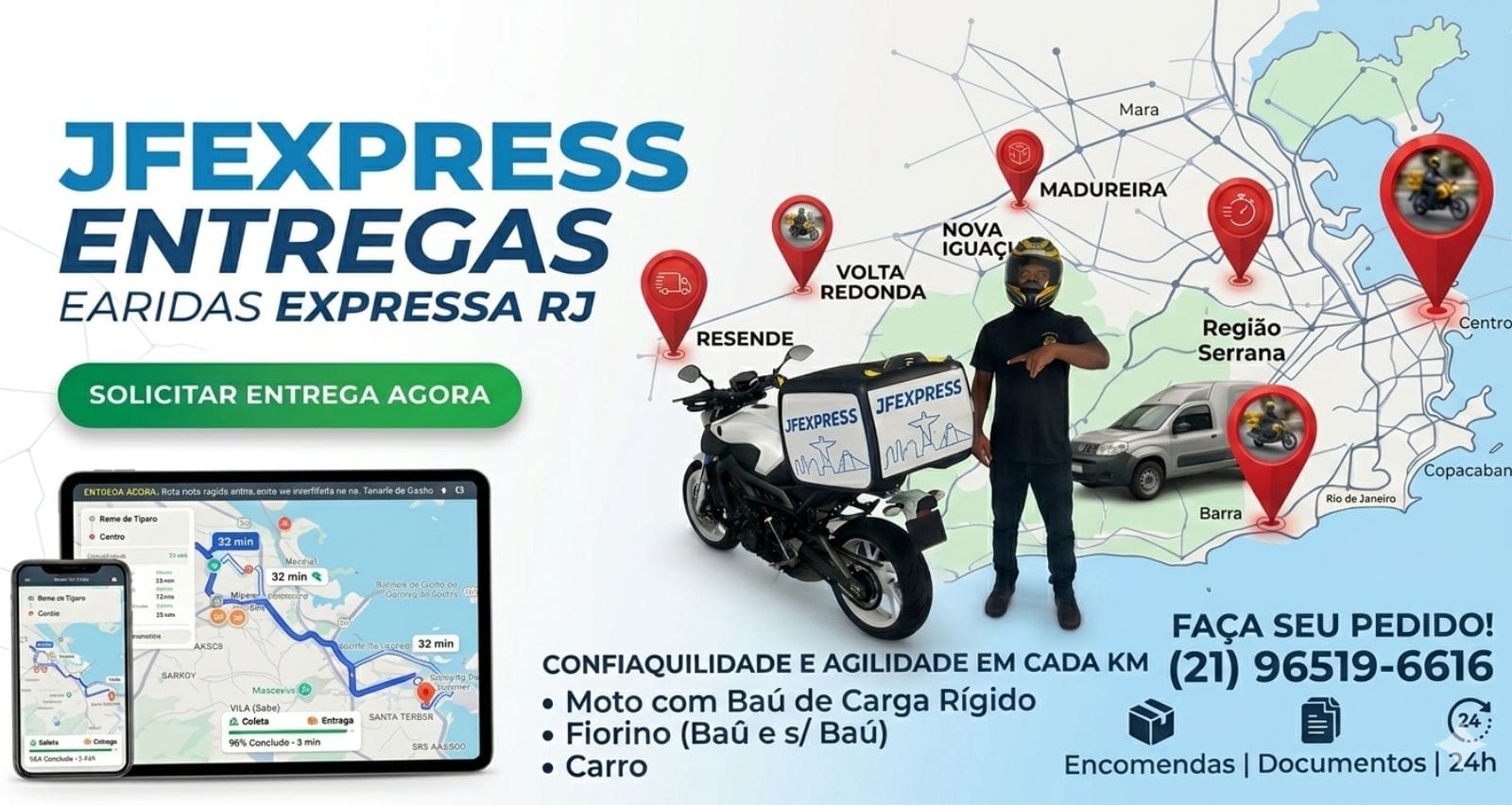 'ENTREGA RÁPIDA - PEDIU, CHEGOU!' e a frase 'Monitoramento Online'. Na parte inferior, há ilustrações de um monitor e um smartphone exibindo mapas de rastreamento com pins de localização."