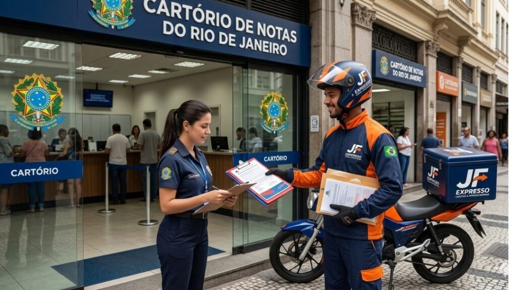 Motoboys uniformizados da JFExpress com baús vermelhos personalizados no Rio de Janeiro, prontos para coleta e entrega de documentos em serviços de cartório e repartições públicas em todo o estado.