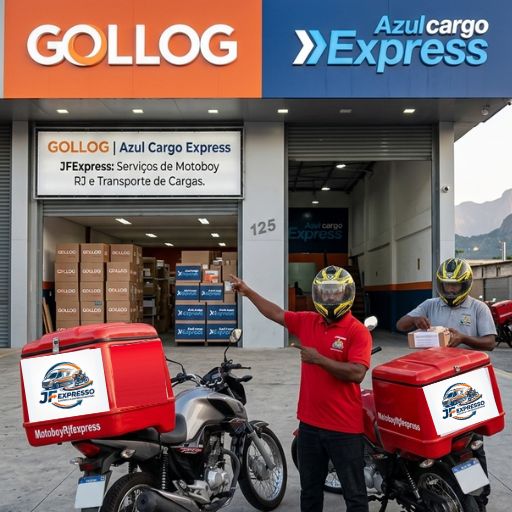 Motoboys da JFExpress com baús vermelhos personalizados em frente aos galpões da GOLLOG e Azul Cargo Express no Rio de Janeiro, prontos para logística expressa.