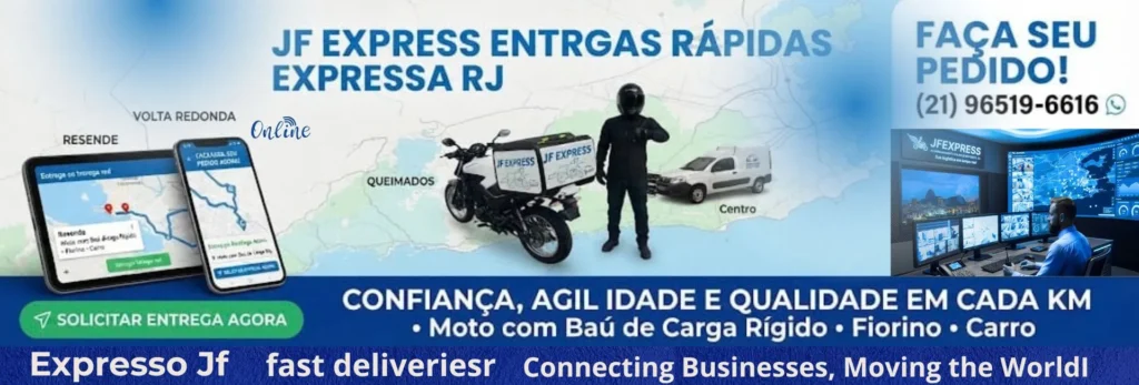 Banner da JF Express serviços de entrega rápida, motoboy e transporte de mercadorias no Rio de Janeiro e Grande Rio com atendimento 24 horas.